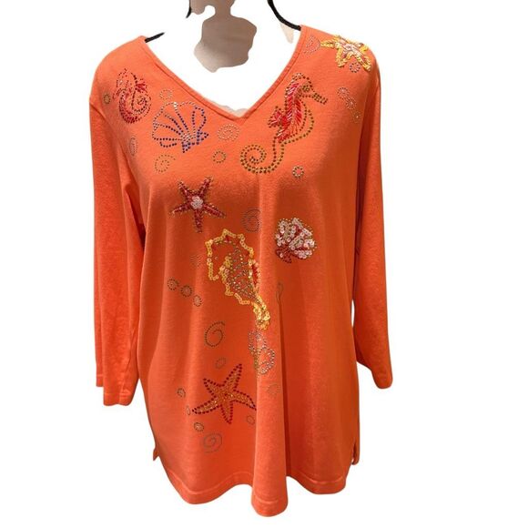Quacker Factory Embellished Beach Theme Tunic Top V-Neck 3/4 Sleeve Women Lrg - Picture 1 of 8
